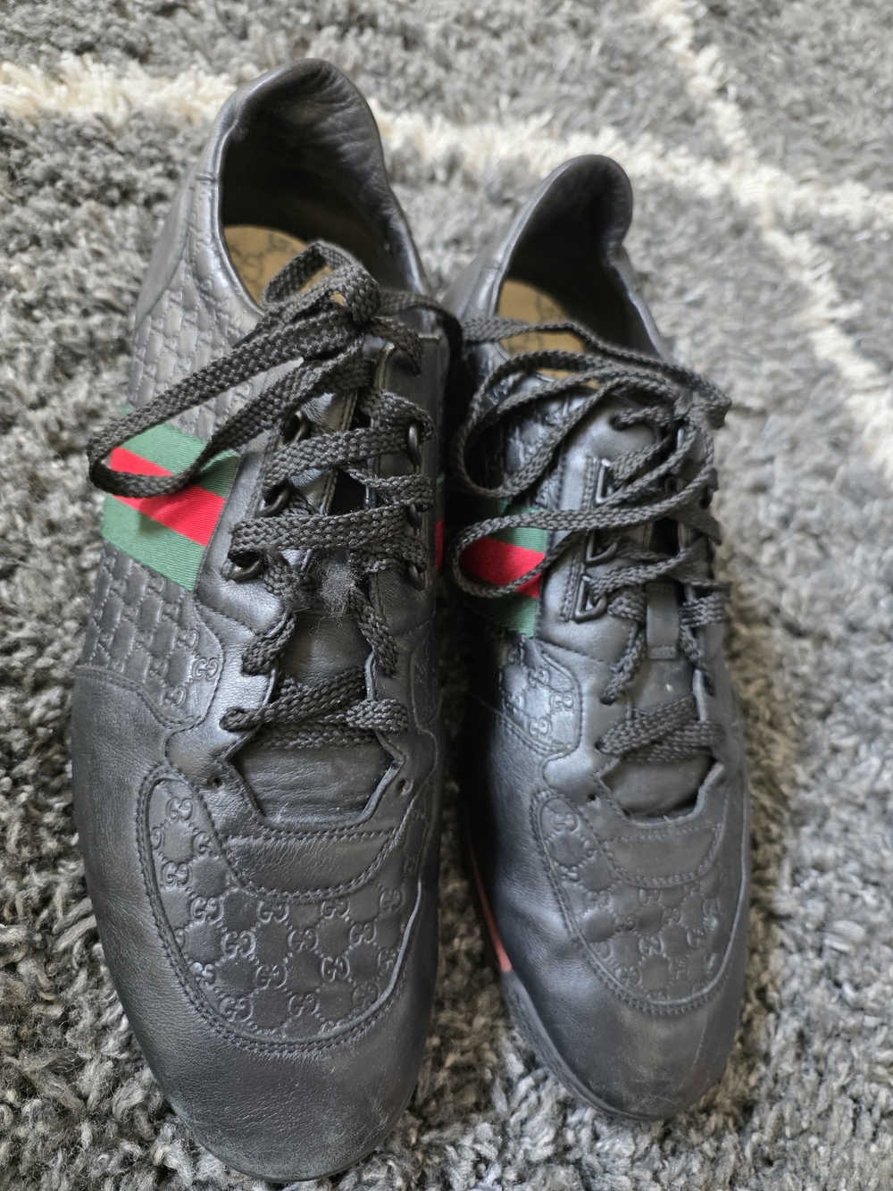 Gucci Web Leather   Lace-Up Men's Sneakers in Black with Green & Red  Size 14.5